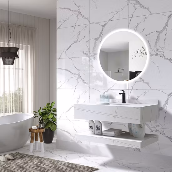 Mobiletto da bagno alla moda con piano in pietra sinterizzata e lavabo in ceramica
